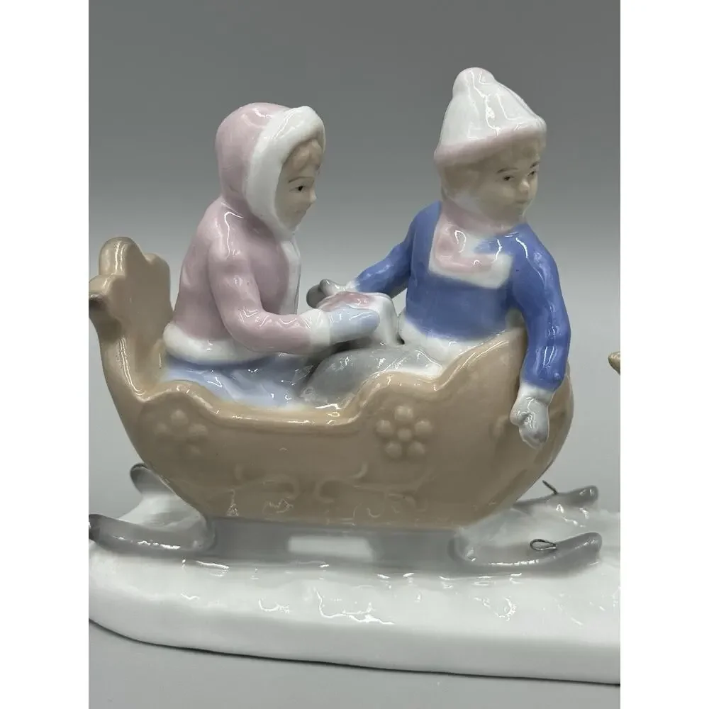 Meico Figurine Boy & Girl Sled Retriever Dog Snow Winter Porcelain Figurine 8”